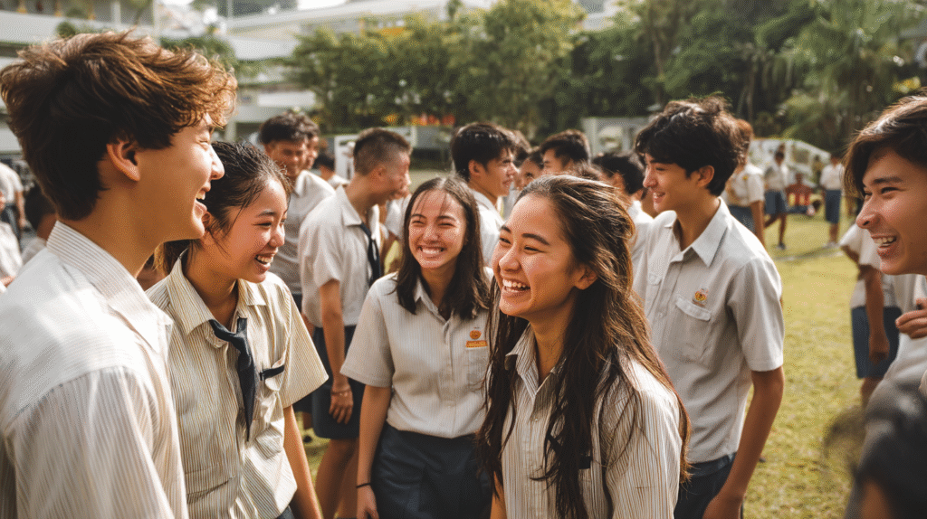Singapore students engaged in conversation during recess in a phone-free school courtyard with no phones in sight