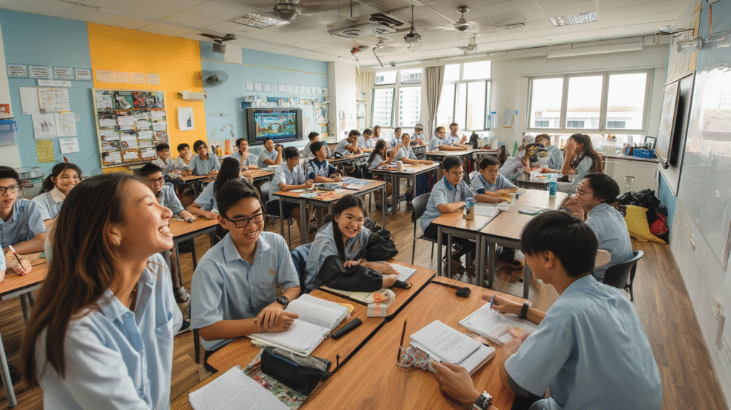 Singapore students smiling and working together in a phone-free classroom using lockable phone pouches